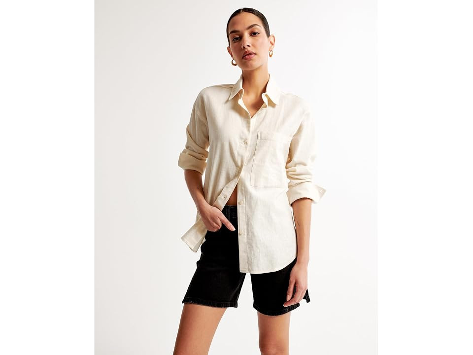 Abercrombie & Fitch Oversized Linen-Blend Shirt (Tan) Women's Clothing | Zappos