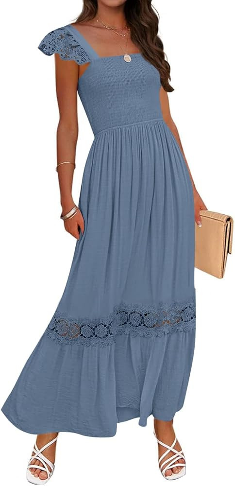 ZESICA Women's 2025 Summer Lace Strap Sleeveless Square Neck Smocked High Waist Ruffle Hollow Out... | Amazon (US)