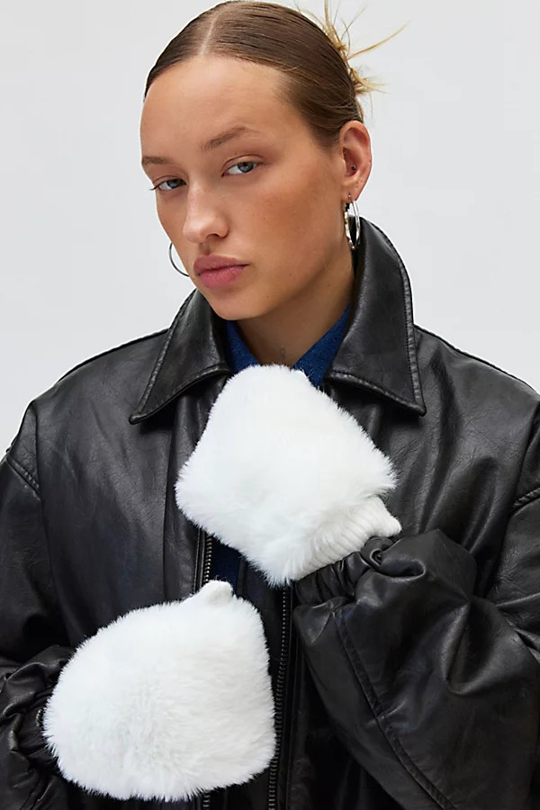 Fuzzy Faux Fur Convertible Mitten in White, Women's at Urban Outfitters | Urban Outfitters (US and RoW)