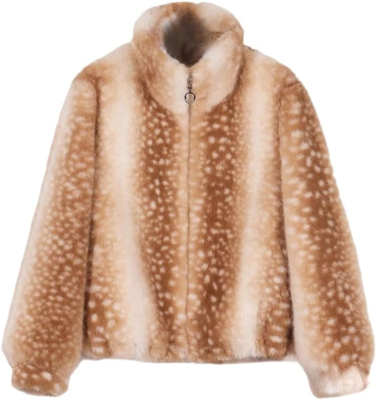 Deer Print Faux Fur Jacket Y2k Therian Clothes Vintage Fluffy Cropped Coat Whimsical Twee Fall 20... | Amazon (US)