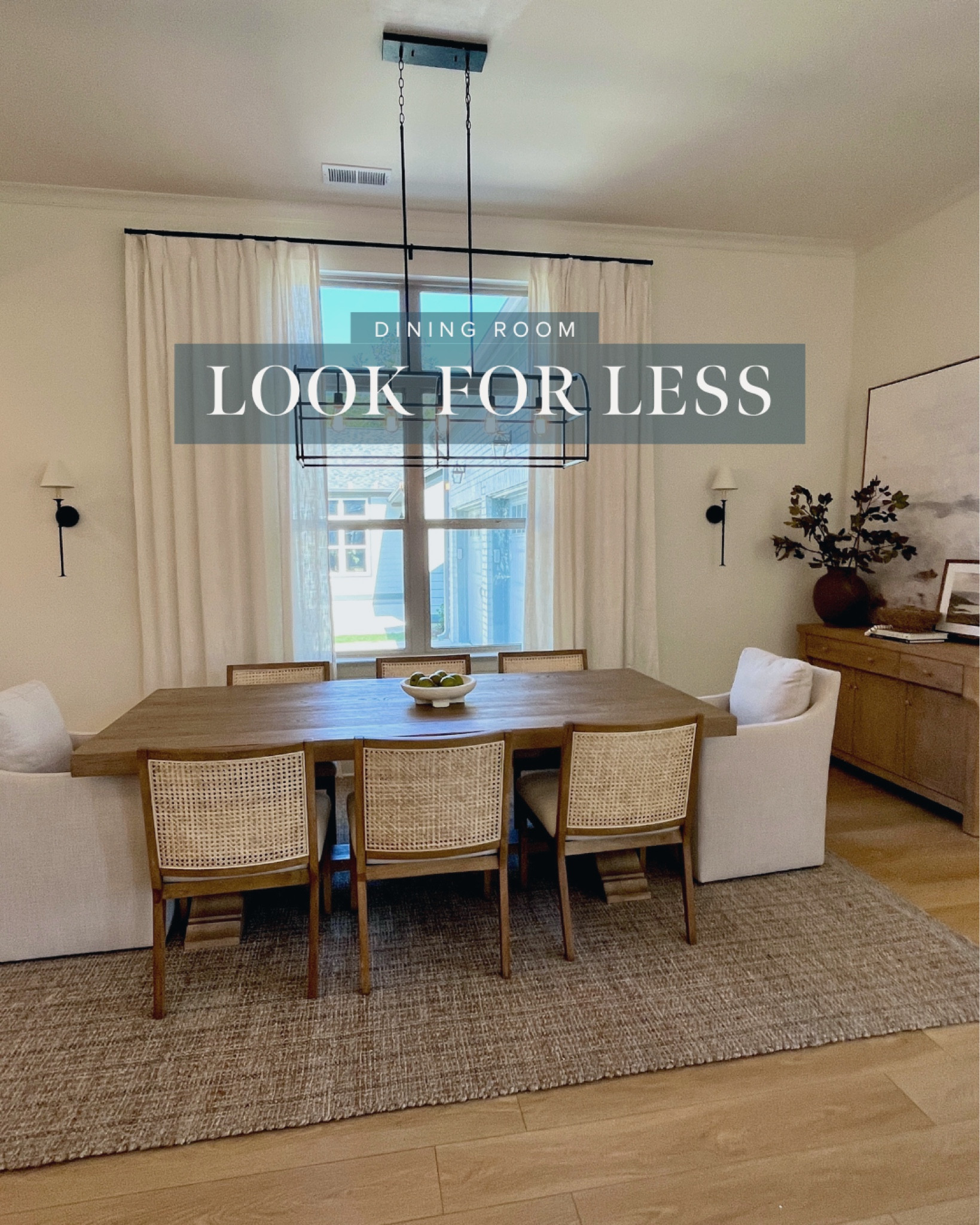 Get my modern coastal organic dining room look for less! Cane dining chair, upholstered dining chairs, sconces, light oak sideboard, dining table, woven rug 

#LTKfindsunder100 #LTKhome #LTKstyletip