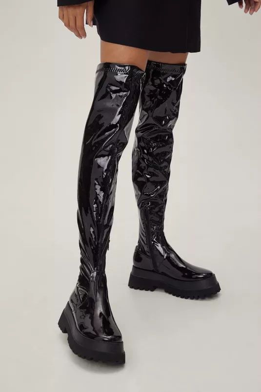 Stretch Patent Faux Leather Over the Knee Boots | Nasty Gal (US)