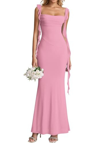 KUTUMAI Elegant Long Formal Wedding Guest Dresses for Women 2026 Ruffle Bodycon Cocktail Party Maxi Dress Pink M | Amazon (US)