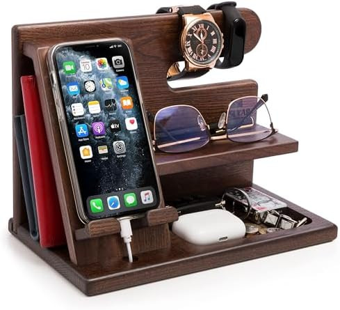 TESLYAR Wood Phone Docking Station for Men - Desktop or Nightstand Organizer - Birthday Gifts for... | Amazon (US)