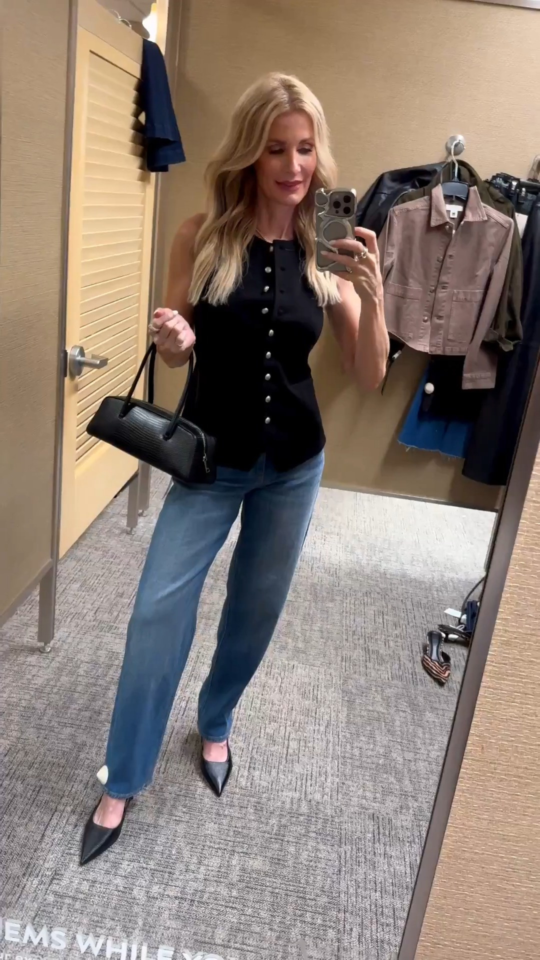 Entire look is part of the Nordstrom Anniversary Sale. ✨ This Rag & Bone sleeveless black vest has an impeccable fit, and I love the silver buttons. I paired it with my #1 denim pick from the sale—these Veronica Beard Soft Barrel jeans that are so flattering—and these chic black lizard slingbacks. I’m wearing an XS in the vest and a 24 in the jeans. 

 

#LTKootd #LTKSeasonal #LTKOver40 #LTKSaleAlert