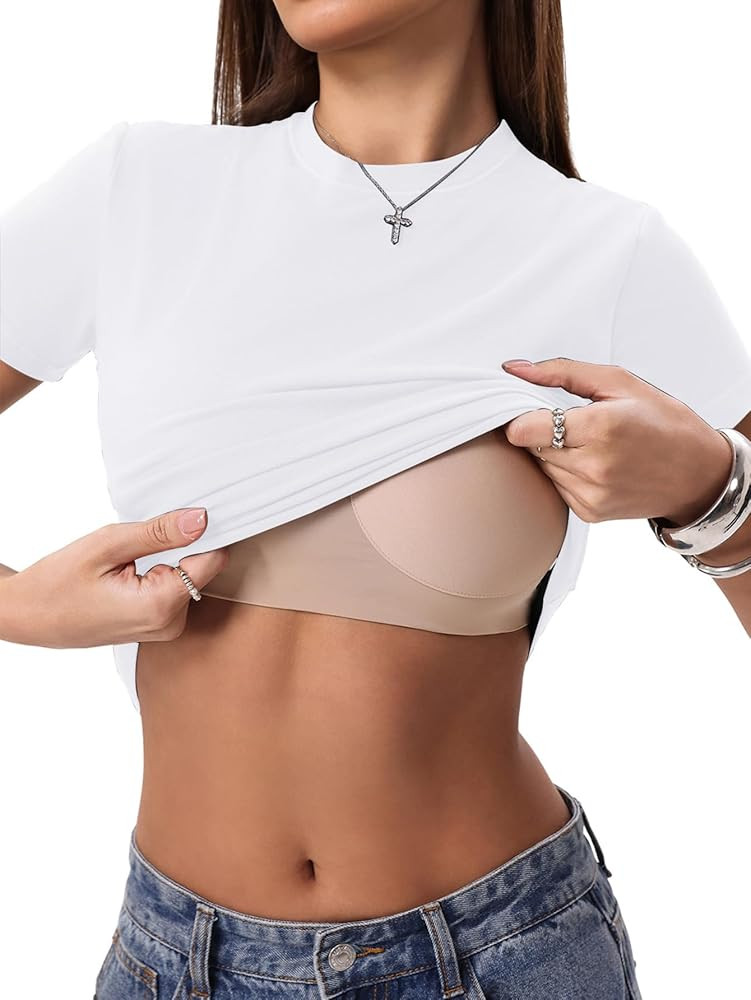 Danysu Nude Built in Bra Cotton Jersey T Shirt No See Through Stretchy Lightweight Fitted Everyda... | Amazon (US)
