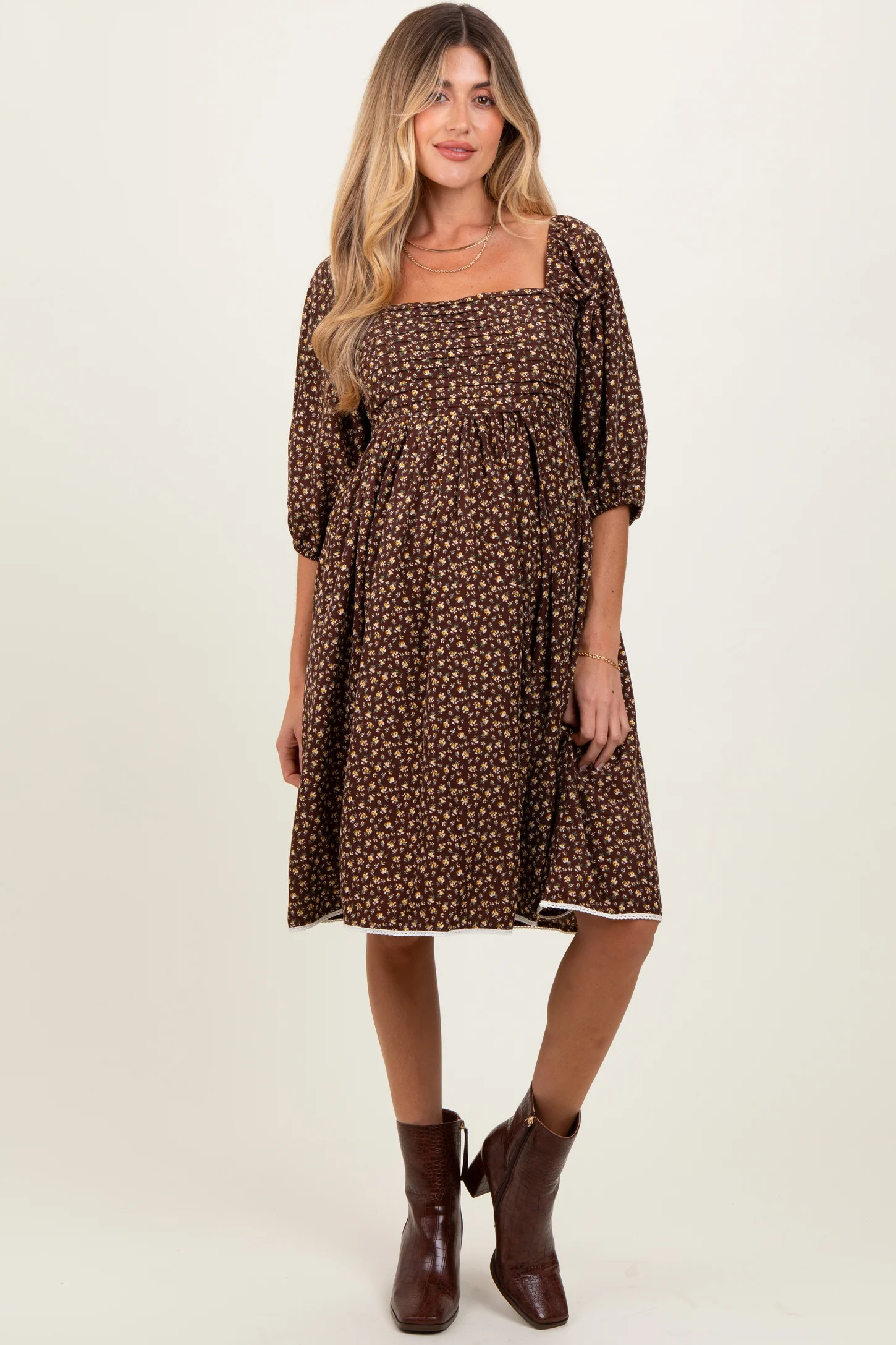 Mocha Floral Pleated Bodice Lace Trim Maternity Midi Dress | PinkBlush Maternity