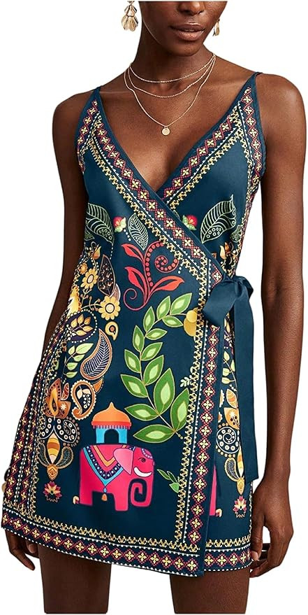 RoseSeek Women's Tropical Print Cami Dress Sleeveless Wrap V Neck Tie Knot Boho Short Dresses | Amazon (US)