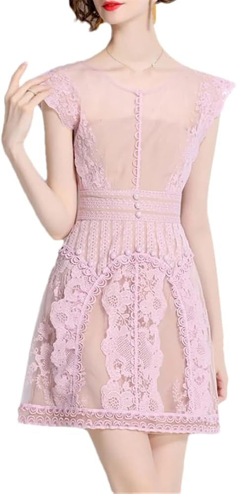 Women's Lace Embroidered Dress Party Crewneck Short Sleeve Slim Casual Mini Dresses | Amazon (US)