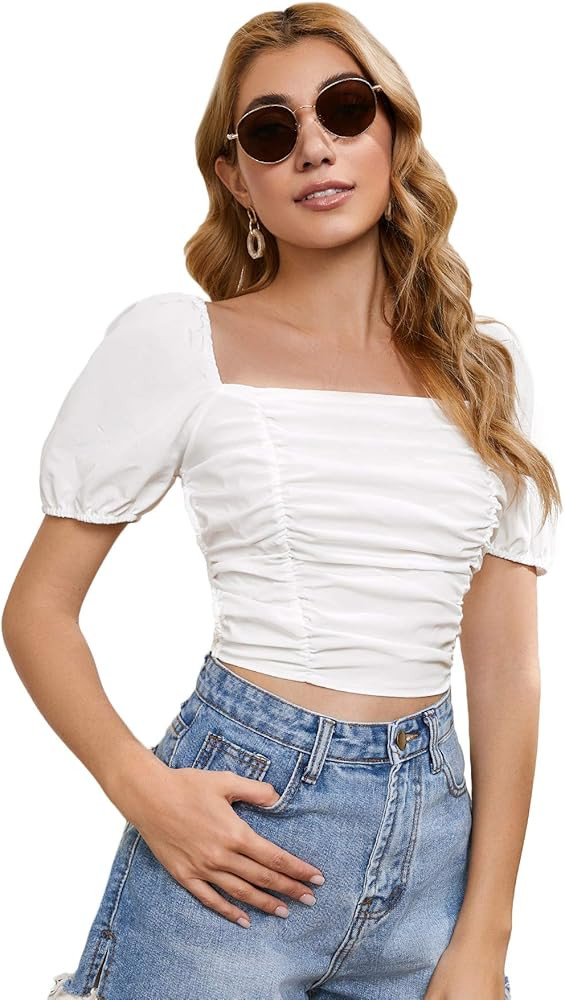 SOLY HUX Women's Lace Up Back Short Sleeve Blouse Square Neck Ruched Backless Crop Top | Amazon (US)