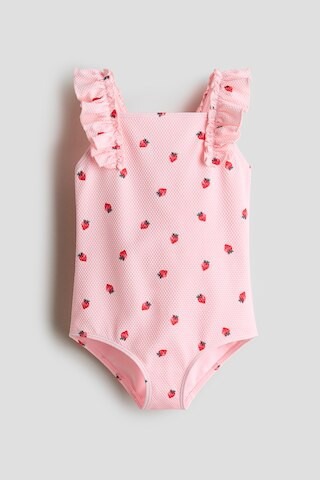 H & M - Ruffle-Trimmed Textured Swimsuit - Light Pink/Strawberries | H&M (US + CA)