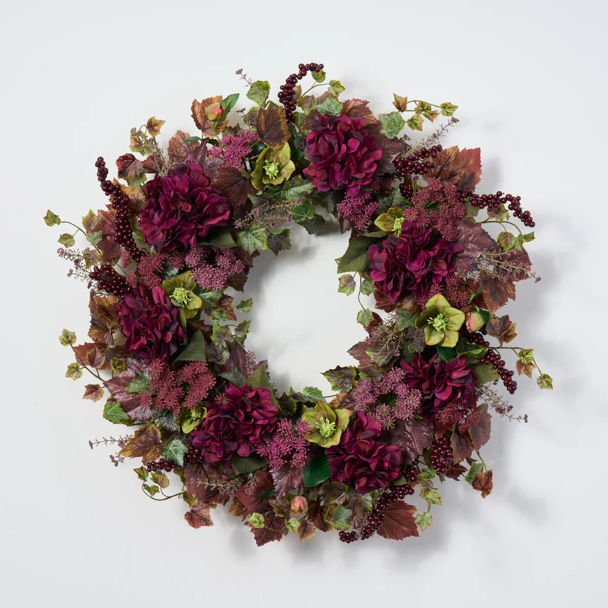 Merlot Ivy Medley with Fall Berry & Hydrangea Classic Autumn Front Door Wreath | Darby Creek Trading