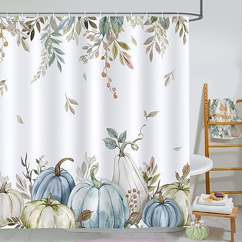 Bonhause Fall Pumpkin Shower Curtain Autumn Leaves Thanksgiving Decorative Bath Curtain 72 x 84 Inch Polyester Fabric Waterproof Bathroom Decor with 12 Hooks | Amazon (US)