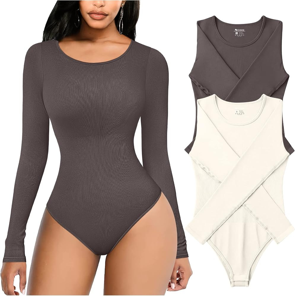 OQQ Women's 2 Piece Bodysuits Sexy Ribbed One Piece Crewneck Long Sleeve Bodysuit | Amazon (US)