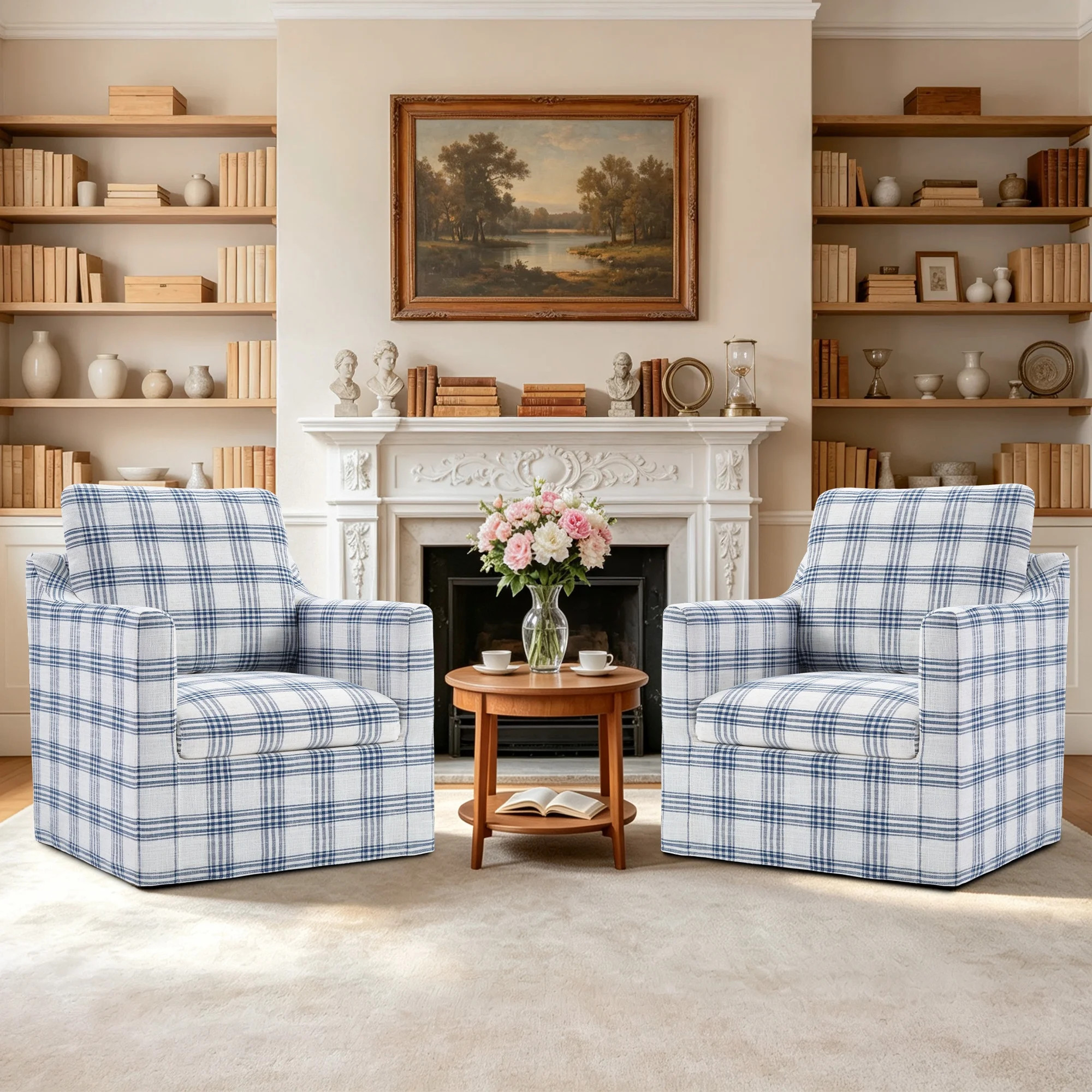 Bonzy Home 360° Swivel Accent Chair Set of 2, Modern Upholstered Armchair with Thick Cushion, Swivel Square Single Sofa Chair for Living Room Bedroom Study Balcony, Blue Plaid - Walmart.com | Walmart (US)