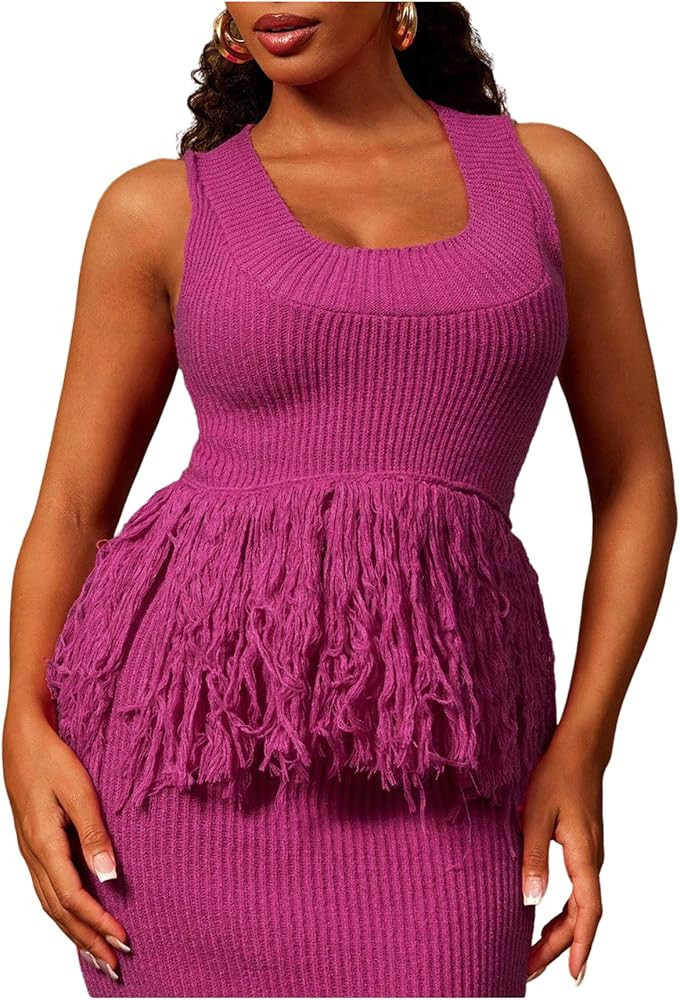 SweatyRocks Women's Fringe Tank Tops Scoop Neck Sleeveless Summer Crochet Fitted Sweater Knit Top | Amazon (US)
