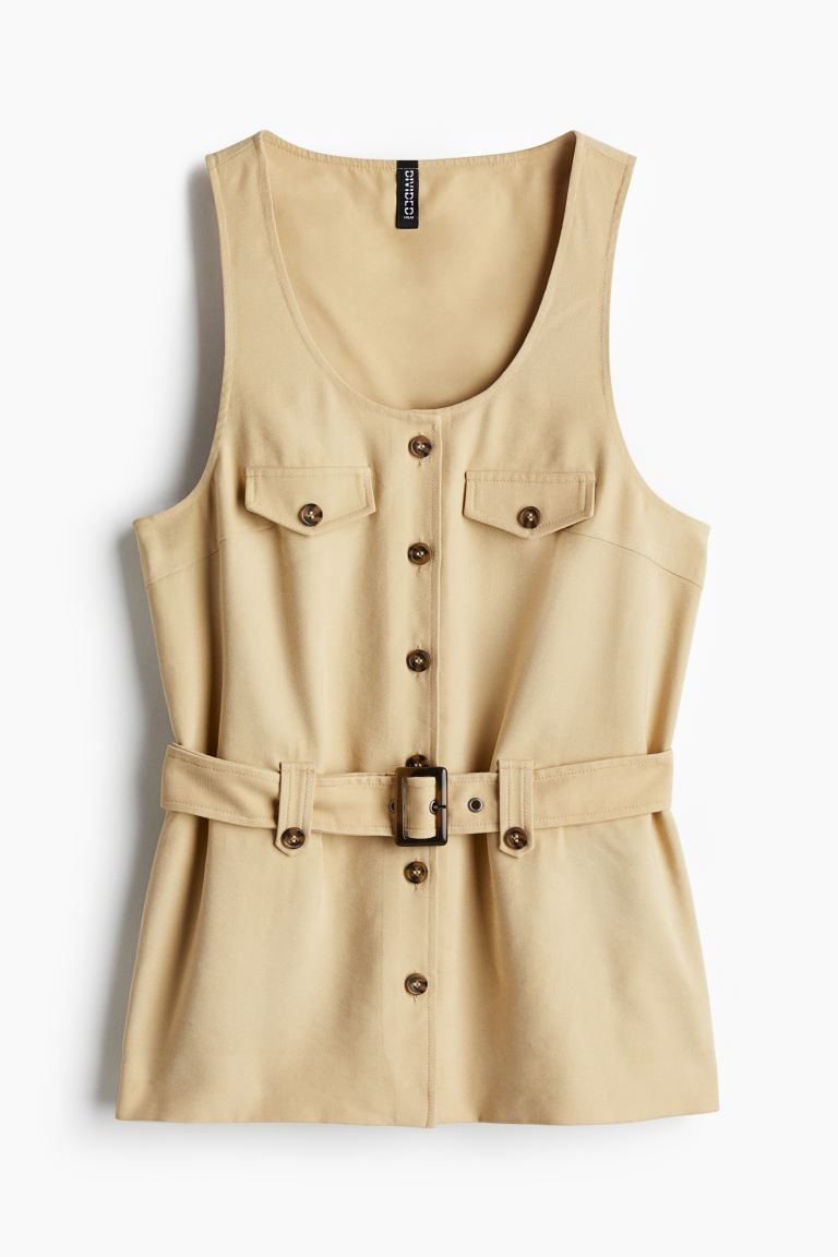 Belted waistcoat - Low-cut Neckline - Sleeveless - Beige - Ladies | H&M US | H&M (US + CA)