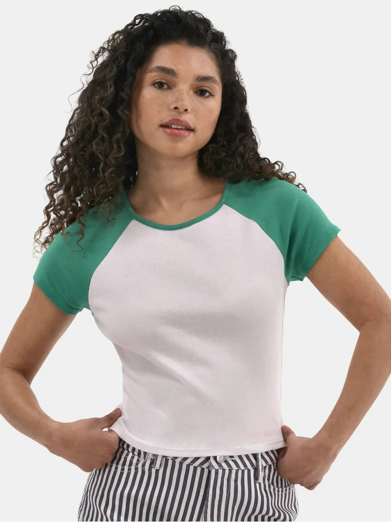 No Boundaries Raglan Cotton Baby Tee with Short Sleeves, Women's | Walmart (US)