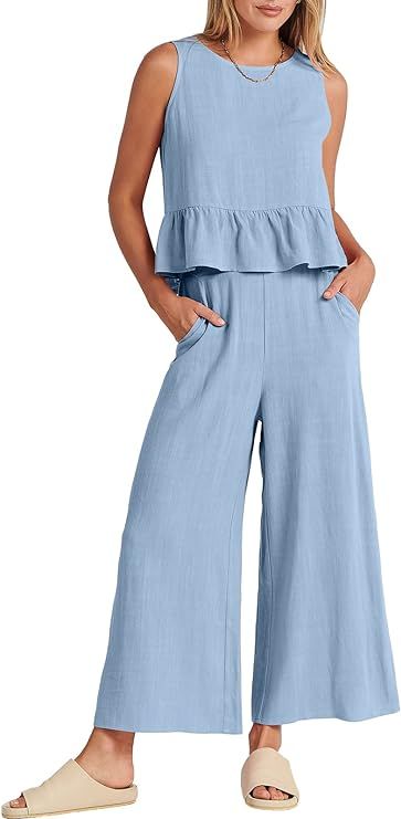 Prinbara Women's Summer 2 Piece Outfits Sleeveless Linen Crop Tank Top 2024 Vacation Lounge Sets ... | Amazon (US)
