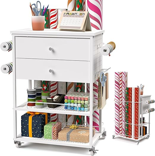 𝗬𝘂𝗺𝗸𝗳𝗼𝗶 Wrapping Paper Storage Cart, Rolling Gift Wrap Station with Ribbon a... | Amazon (US)