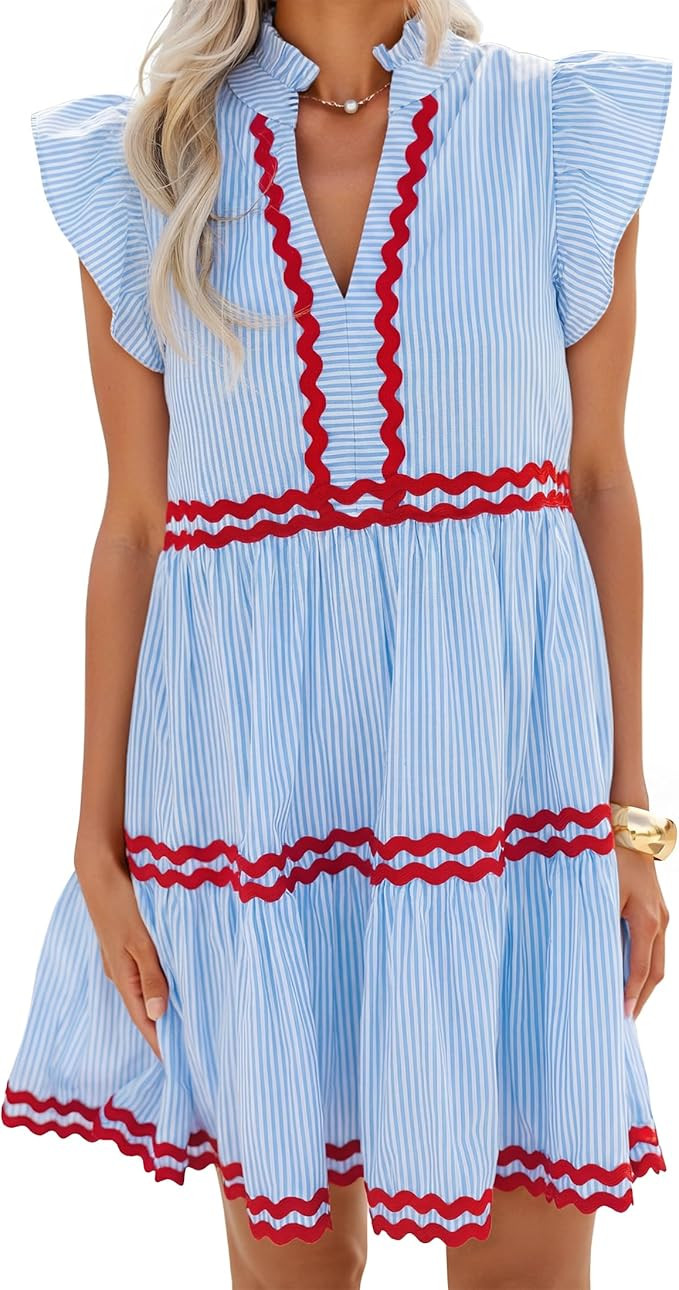 ZESICA Women's Summer Casual Mini Dress 2026 V Neck Flutter Short Sleeve Striped Ruffle A Line Be... | Amazon (US)