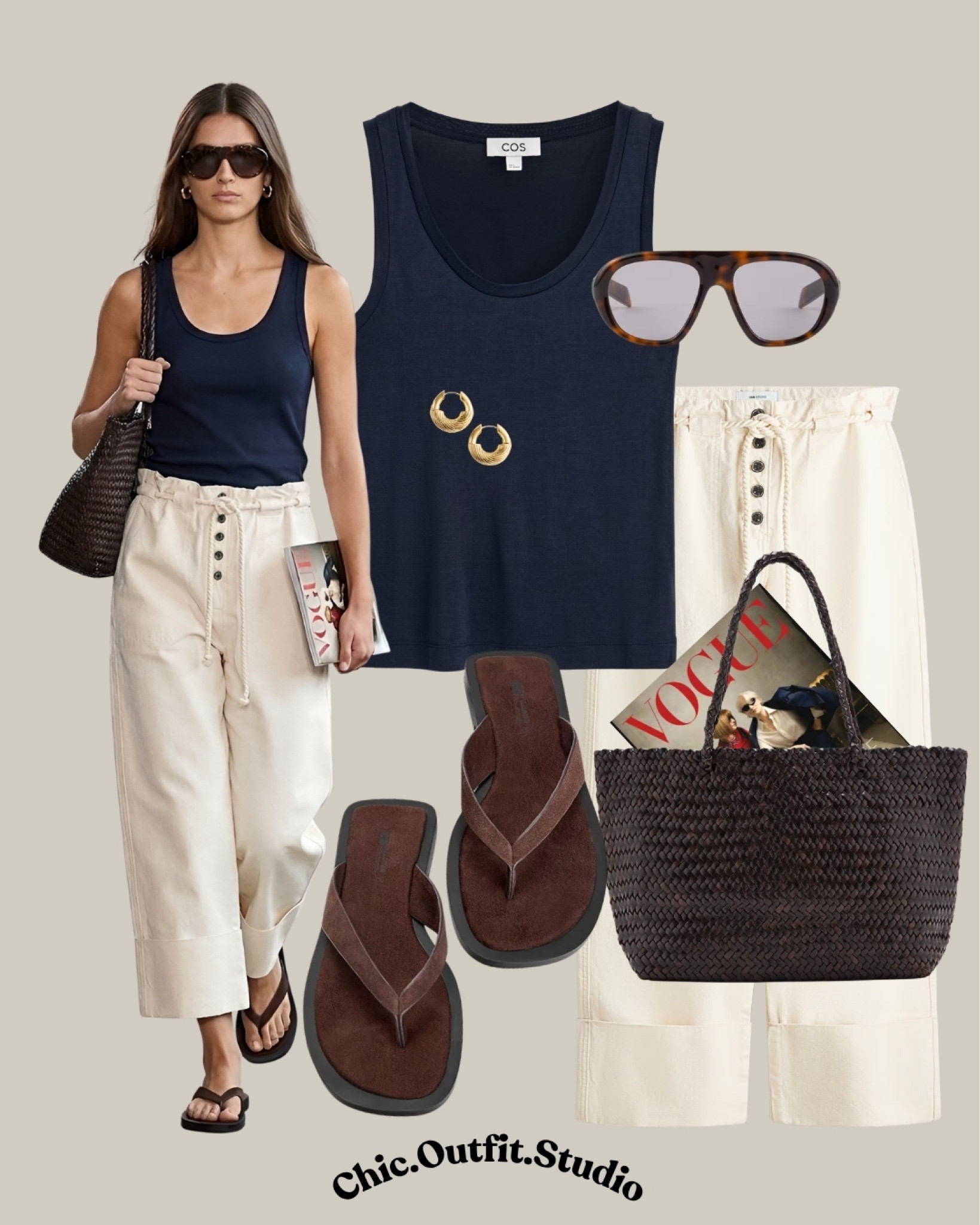 💫 Navy Tank & Cream Paperbag Trousers Minimal Summer Look
💫A navy silk tank top paired with high-waisted cream paperbag trousers creates a timeless warm weather outfit that feels effortless, elegant, and easy to wear. The relaxed silhouette, gathered waist detail, and lightweight fabric give this look a polished yet comfortable feel perfect for spring and summer dressing. Styled with dark brown leather sandals, a woven tote bag, and gold accessories, this outfit is ideal for vacation mornings, coastal lunches, city walks, brunch dates, or relaxed summer weekends. The navy and cream color combination adds a chic European summer aesthetic with elevated minimalist styling.
💫Tags: cream paperbag trousers outfit, navy tank outfit women, warm weather outfit women, minimal summer outfit, effortless chic outfit, European summer style, paperbag waist trousers, casual elegant outfit, vacation outfit women, woven bag outfit, elevated basics outfit, classy casual summer style, neutral summer fashion, timeless summer outfit, lightweight spring summer look

#LTKbag #LTKsummer #LTKshoes