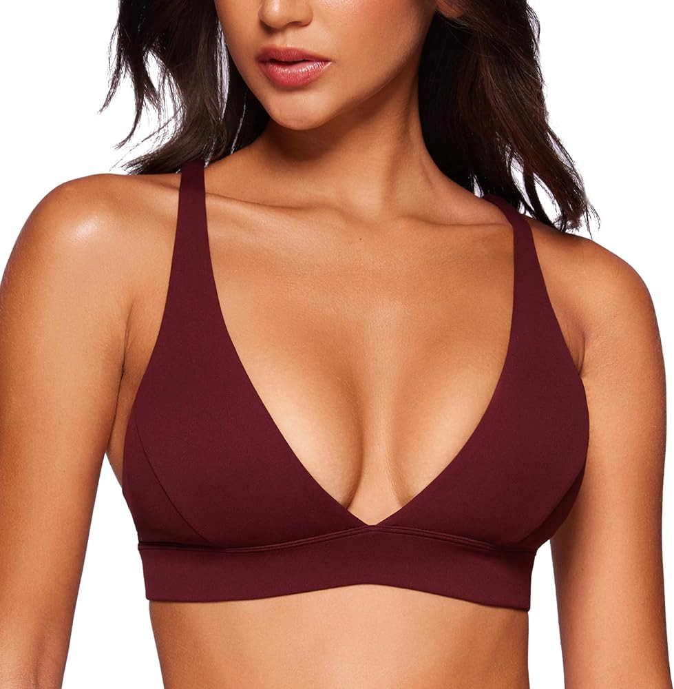 CRZ YOGA Butterluxe Deep V-Neck Sports Bras for Women - Spaghetti Strap Criss Cross Padded Top Lo... | Amazon (US)