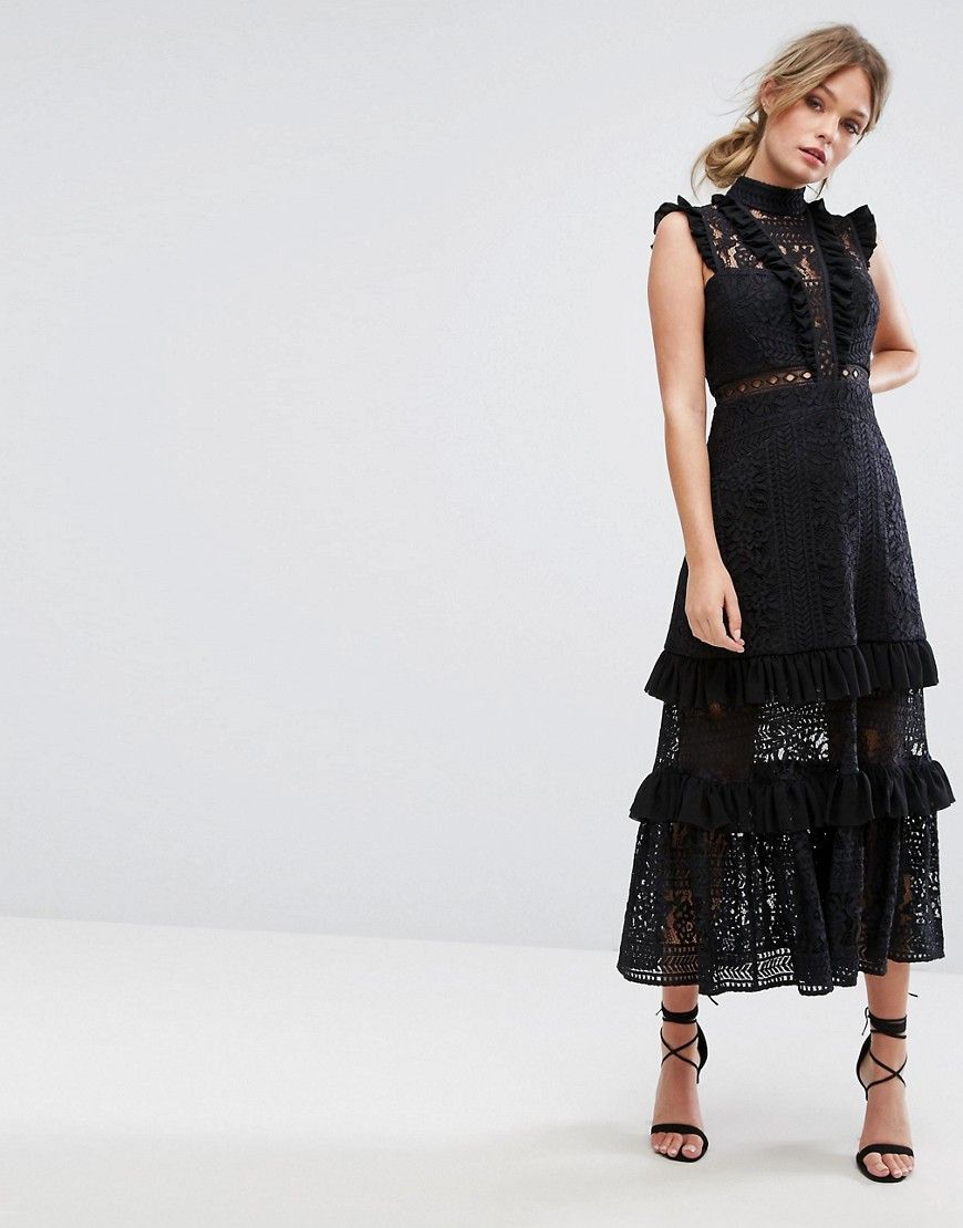 Three Floor Tiered Lace Midi Dress - Black | Asos EE