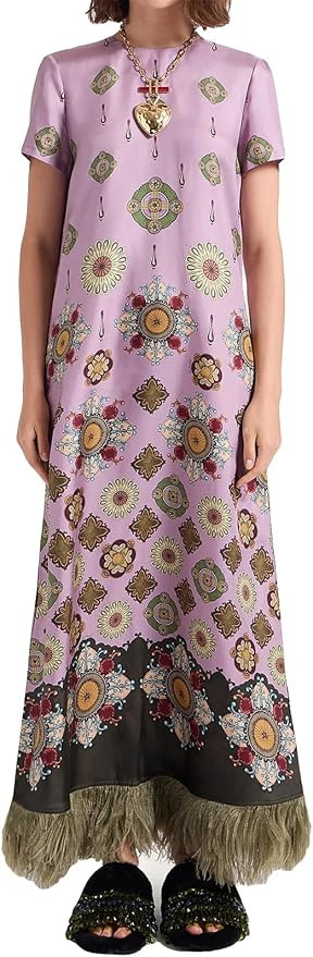 Qikaka Women's Short Sleeve O Neck Printed Satin Bodycon Sexy Nightclub Party Faux Fur Tassel Dre... | Amazon (US)