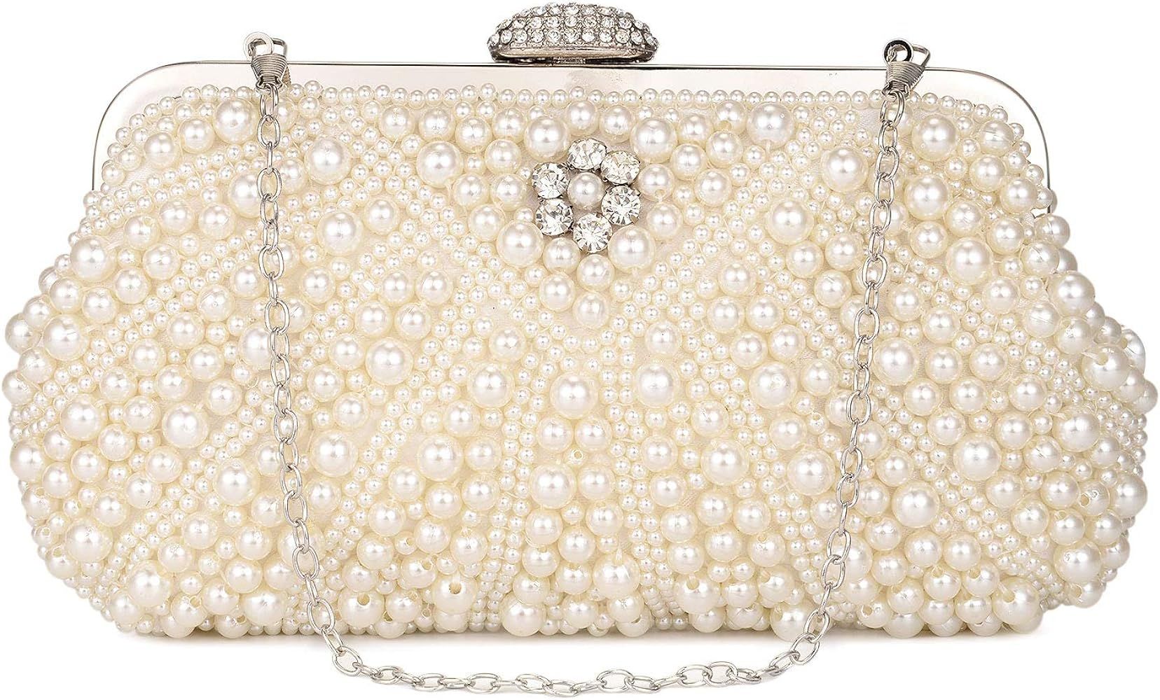 UBORSE Women Pearl Clutch Bag Noble Crystal Beaded Evening Bag Wedding Clutch with Pearl Chain | Amazon (US)