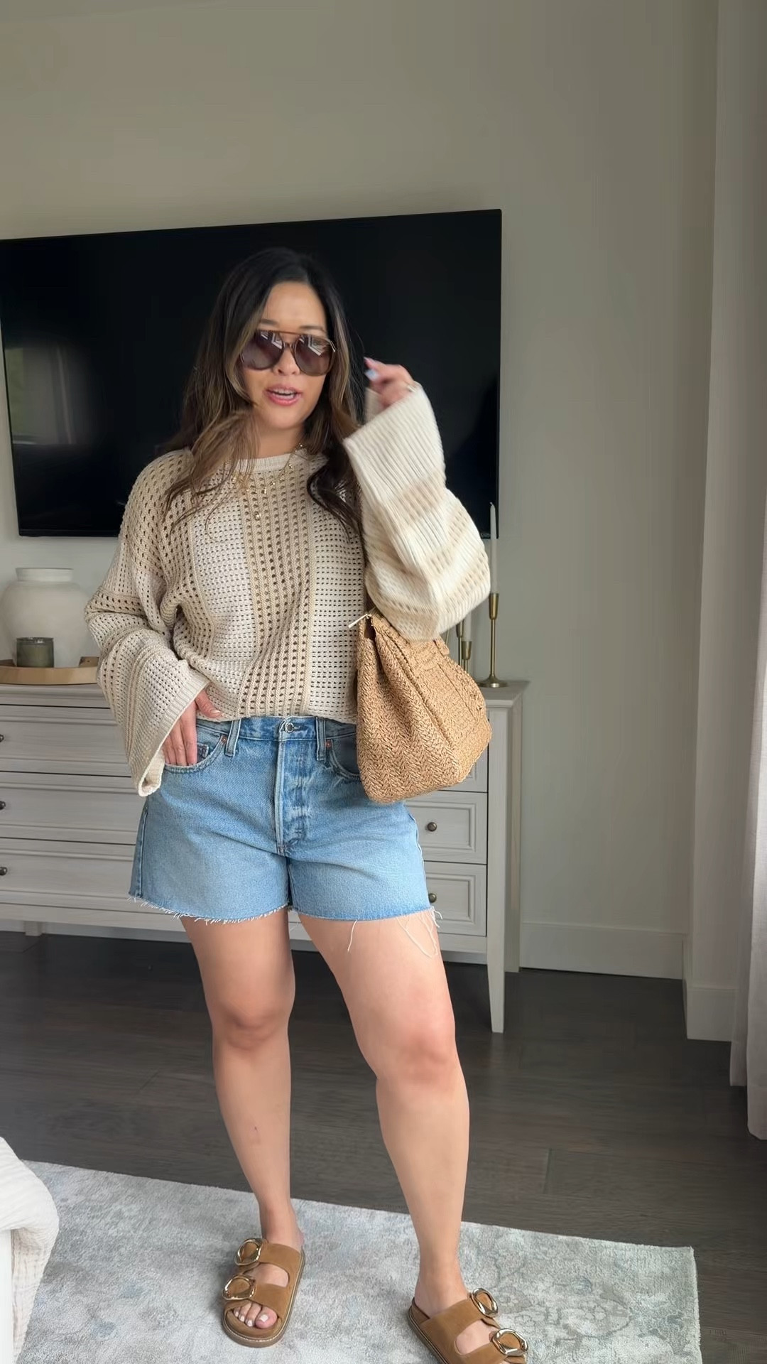 Obsessed with this @Target sweater! Looks so chic and this would be the perfect look for casual Summer days or to wear for the beach!! These denim shorts are the best and I am obsessed with this bag!! #TargetPartner #Target
