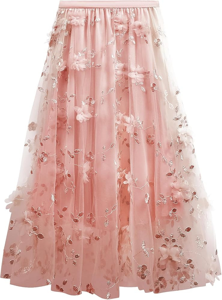 Women Tulle Skirts Layered Tutu Skirt Midi Length Elastic High Waist A Line Skirt | Amazon (US)