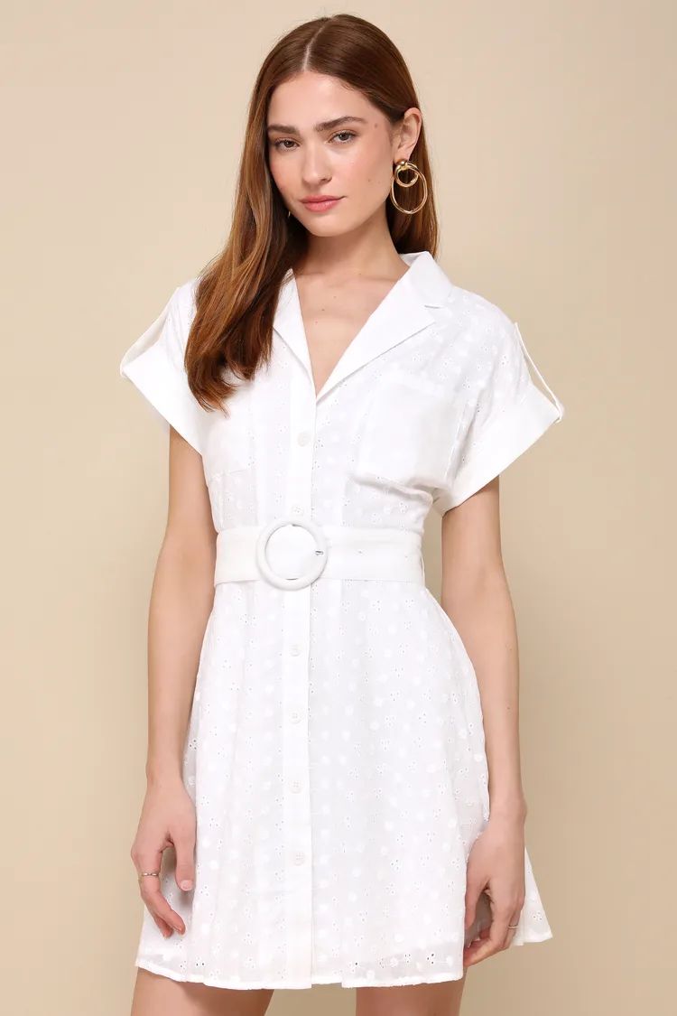 Strolling Paris White Eyelet Embroidered Button-Up Mini Dress | Lulus