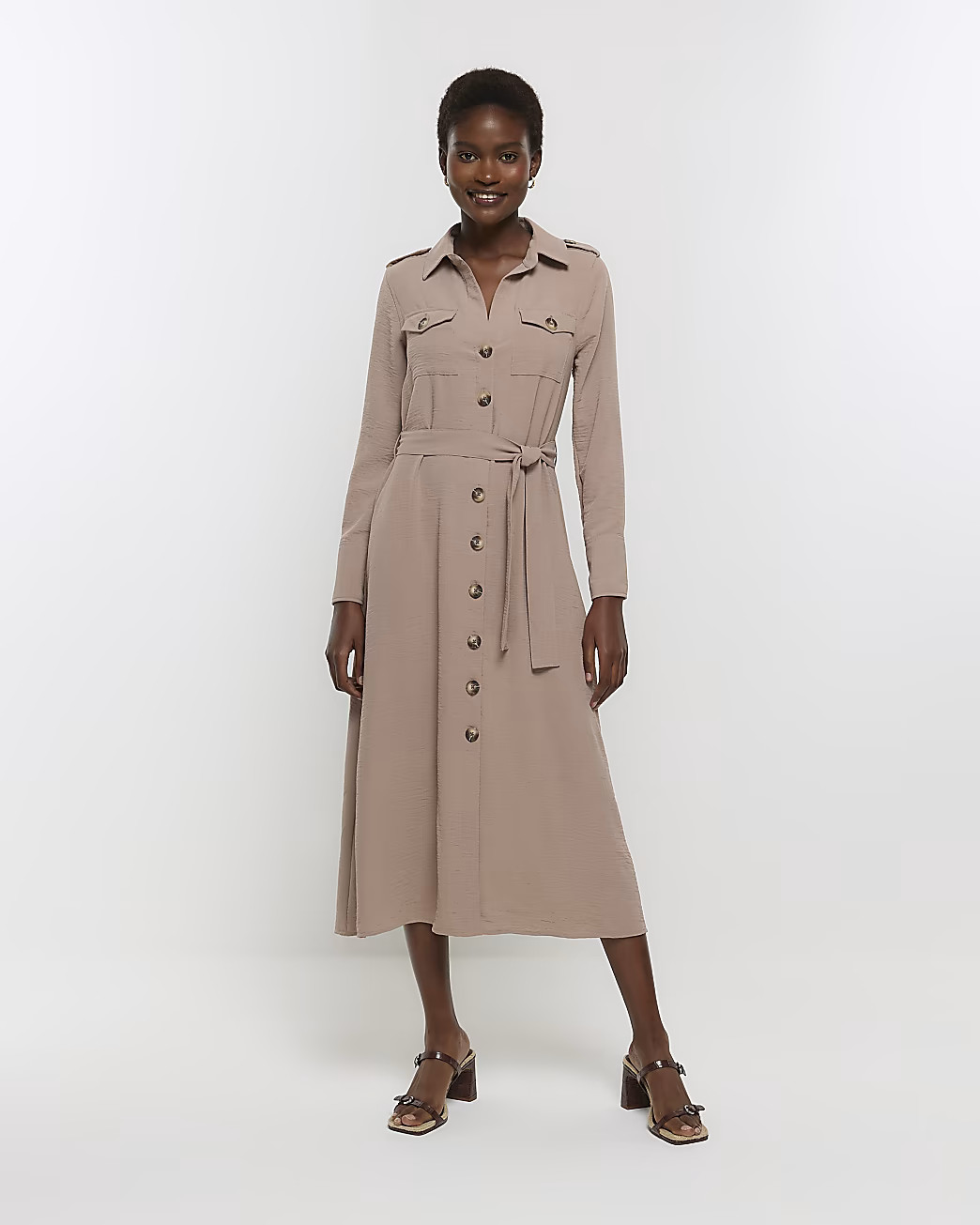 Beige belted utility midi shirt dress | River Island (UK & IE)