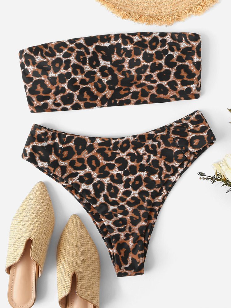 Leopard Print Bandeau With High Waist Bikini Set | SHEIN