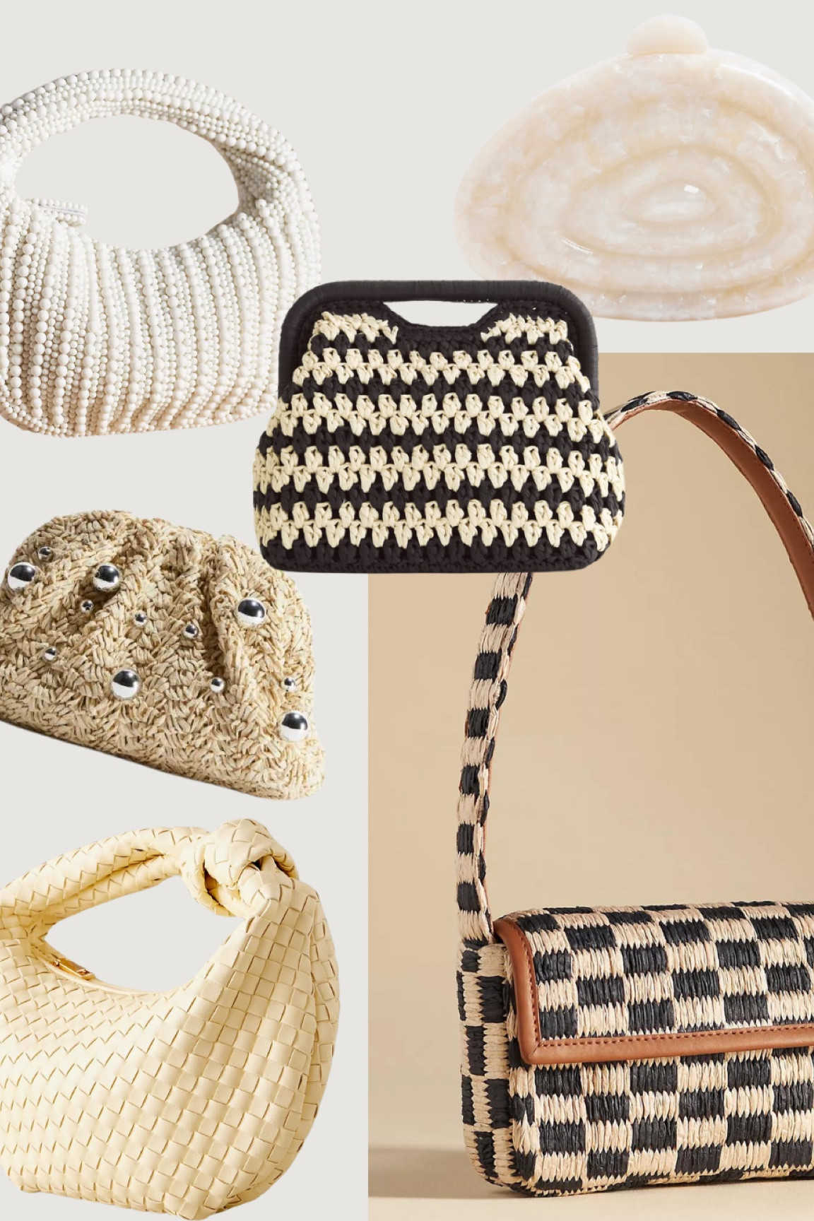 Summer evening bags 
Summer clutch bags
Woven bags 