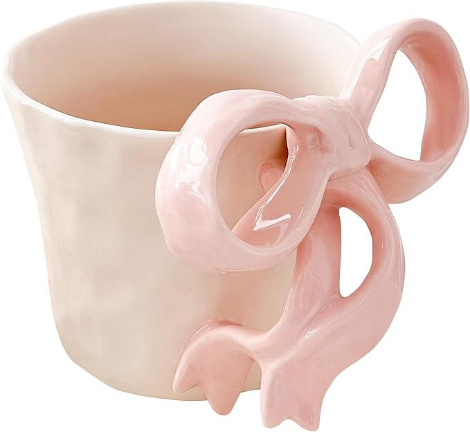 Ceramic Coffee Mug with Pink Bow Handle - Cute Girly Cup for 14oz/440ml, Handmade Kawaii Soup Mug... | Amazon (US)