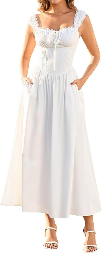 KUTUMAI Lace Corset Midi Dress Tie Flowy Summer Spring Wedding Guest Dresses for Women Sundress w... | Amazon (US)