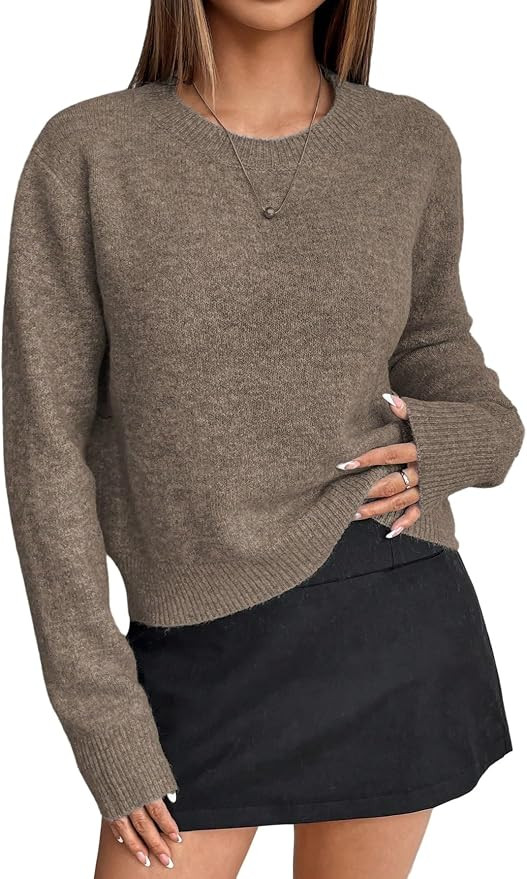 MakeMeChic Women's Cropped Pullover Sweater Crew Neck Long Sleeve Lightweight Knit Cozy Sweaters | Amazon (US)