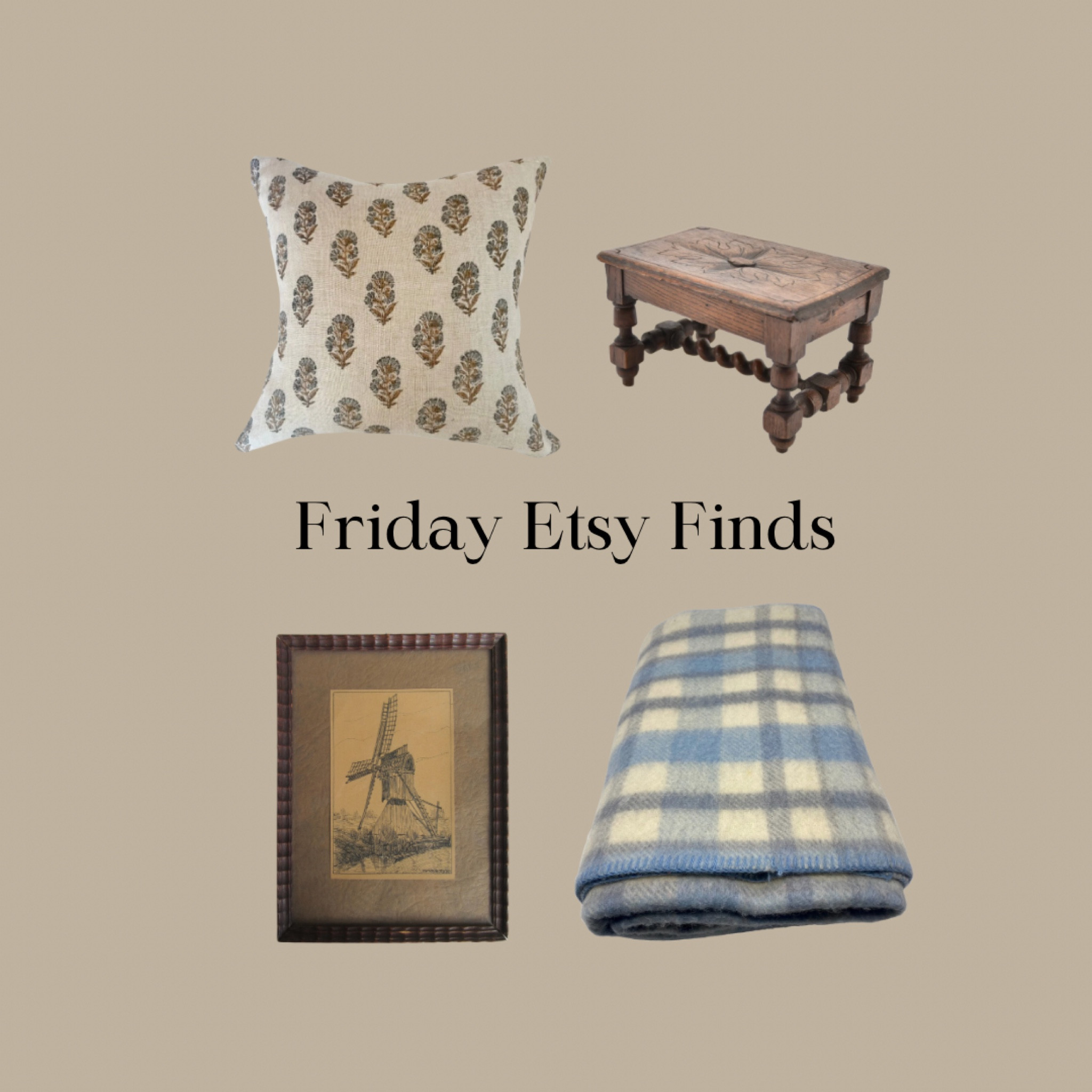 My Friday Etsy finds 🤎

I’m always a sucker for a good pillow, throw, tiny stool, and a vintage sketch.  There is also something so calming about this grouping. Cozy blue and brown, my fave combo. 🤎

Home decor 
vintage art
throw blanket 
Wool blanket 
Plaid throw 
Vintage stool
Wood stool 
Floral pillow 

#LTKfindsunder100 #LTKstyletip #LTKhome