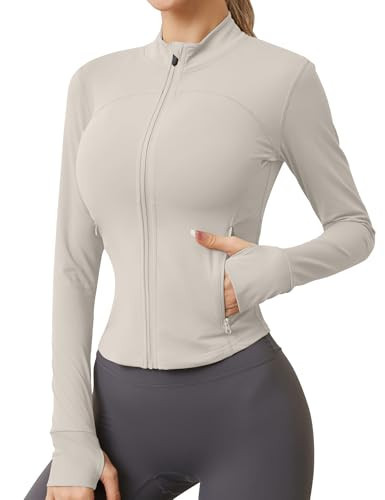 AKEWEI Grey Workout Jackets for Woman Zip Up Athletic Jacket Workout Outfits for Women Long Sleeve Slim Fit Ivory S | Amazon (US)