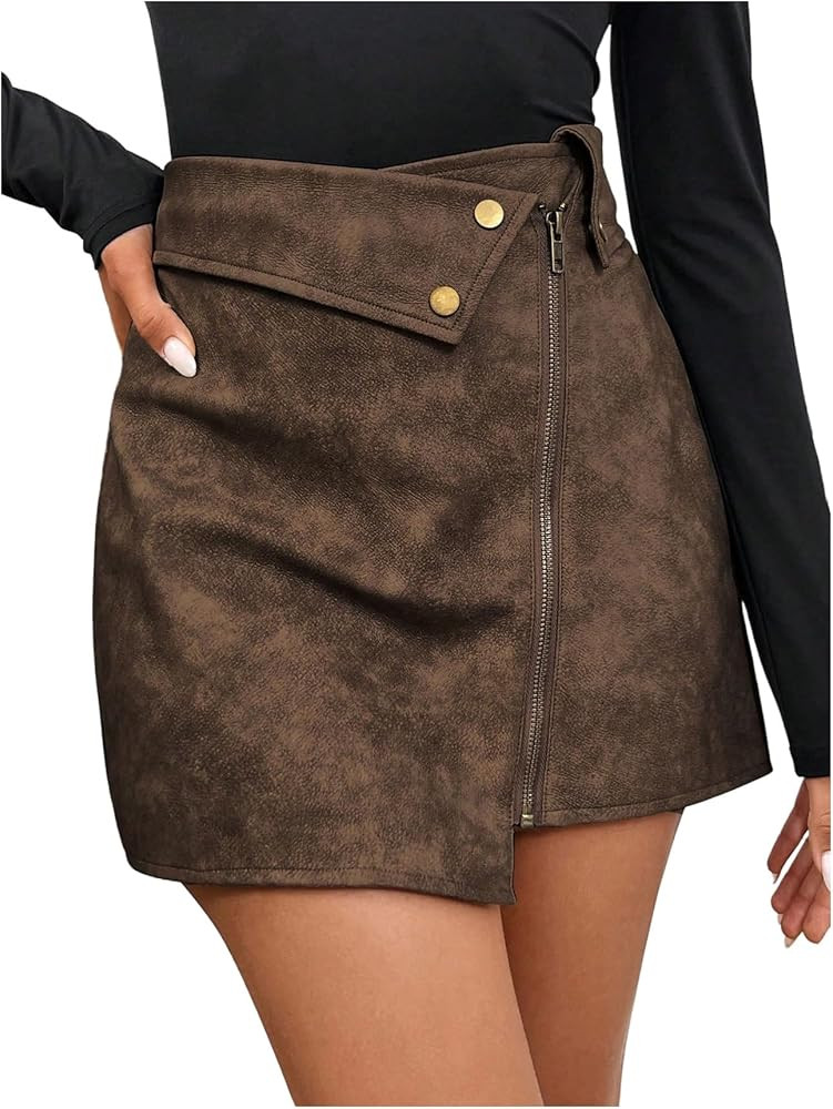 SweatyRocks Women's Punk Retro PU Leather Mini Skirts High Waist Zipper Button Asymmetrical Skirt | Amazon (US)