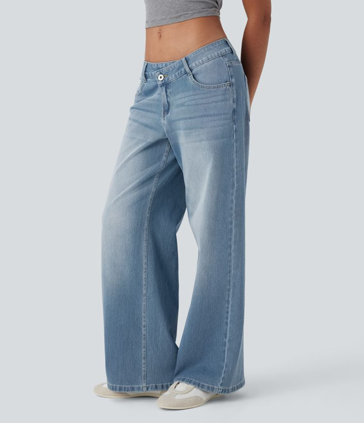 Women’s Halara Flex™ Asymmetric Low Rise Zipper Pockets Baggy Wide Leg Washed Casual Jeans - ... | HALARA