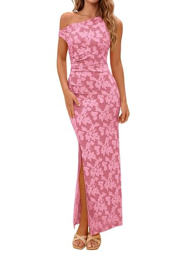 PRETTYGARDEN Womens Floral One Shoulder Maxi Dress 2026 Summer Spring Wedding Guest Formal Bodycon Ruched Cocktail Dresses (Pink,Medium) | Amazon (US)