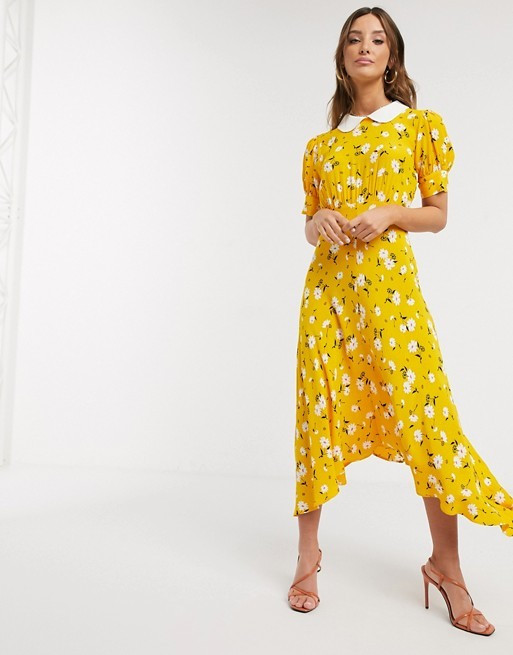 Ghost tiggy crepe floral midi dress in yellow | ASOS (Global)