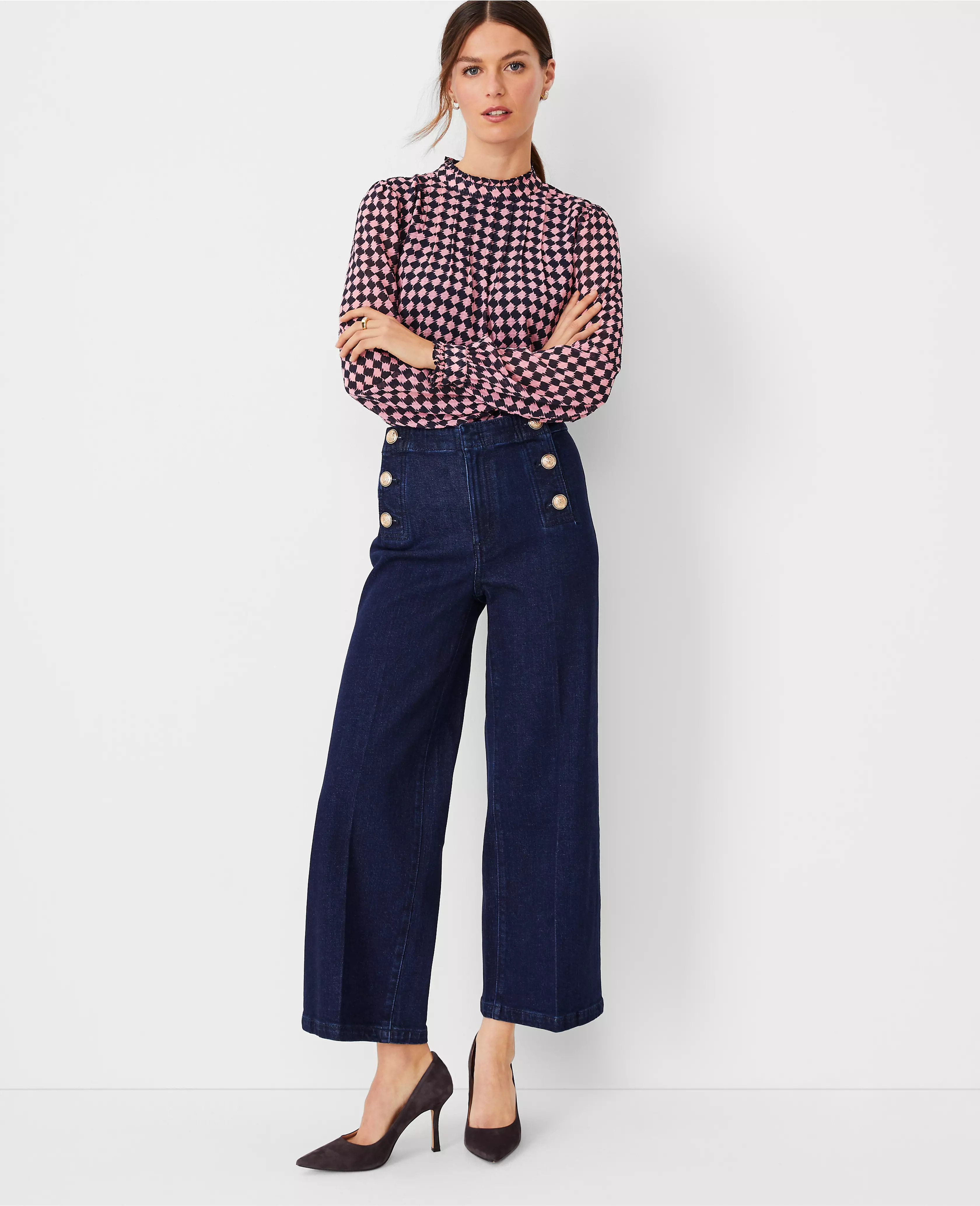 Mariner High Rise Wide Leg Crop Jeans in Refined Dark Indigo Wash | Ann Taylor (US)