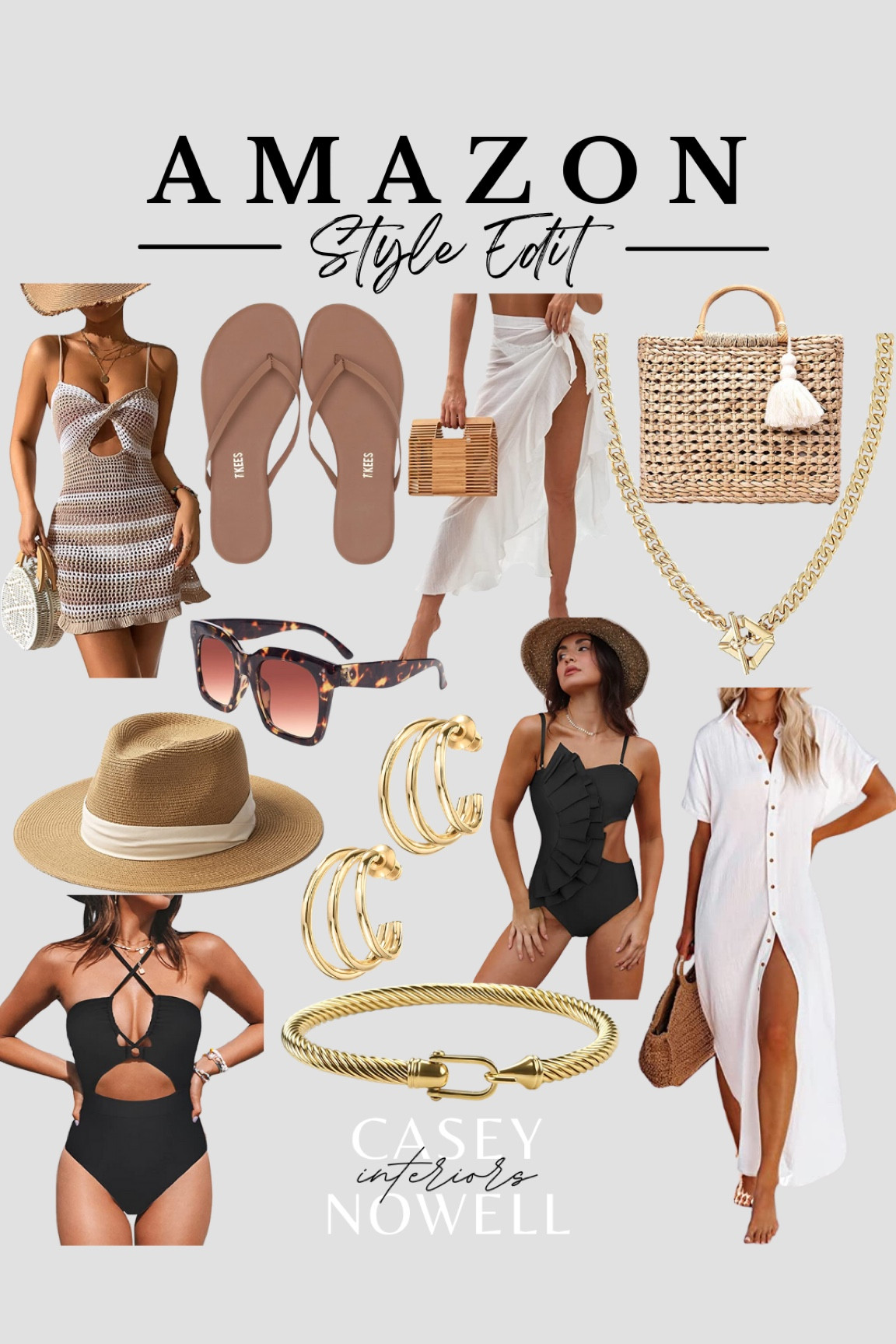 Spring fashion, summer fashion, vacation, resort, spring break, beach, pool, swimsuit, one piece, sarong, swim, coverup, dress, hat, necklace, bracelet, earrings, chain, handbag, purse, tote, sandals, sunglasses, neutral, black, white, Amazon, fashion.

#LTKunder50 #LTKstyletip #LTKswim