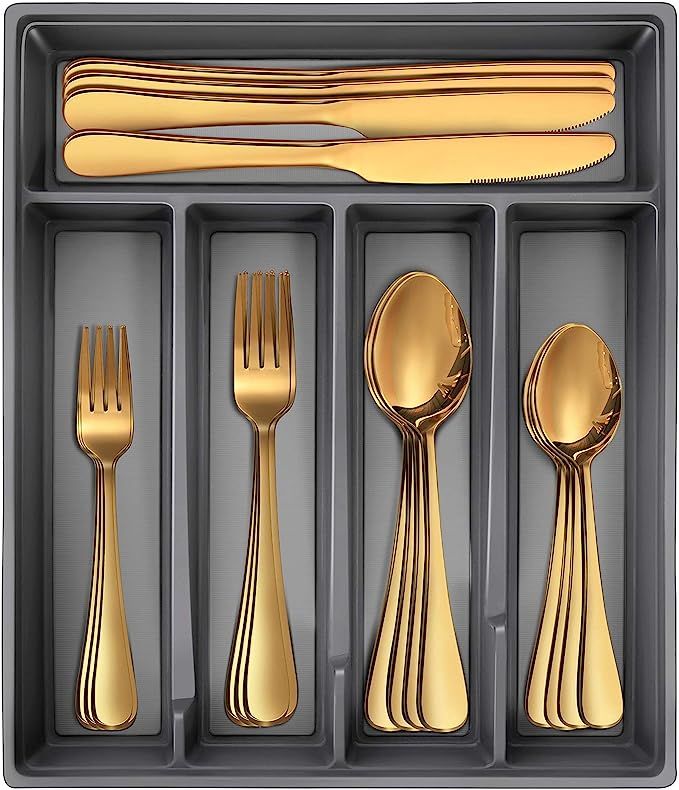20-Piece Gold Silverware Set with Tray for 4, Mirror Polished, Stainless Steel Flatware Cutlery S... | Amazon (US)