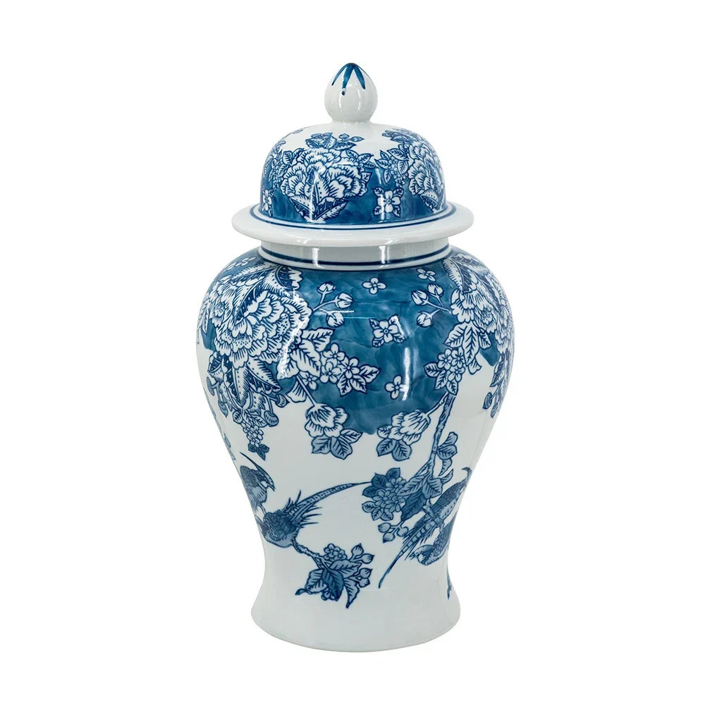 Classic Blue And White Porcelain Ginger Jar With Elegant Flower And Bird Design | Wayfair North America