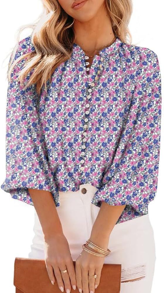 SHEWIN Women's Tops Casual V Neck Lantern Long Sleeve Boho Floral Print Button Down Shirts Chiffo... | Amazon (US)